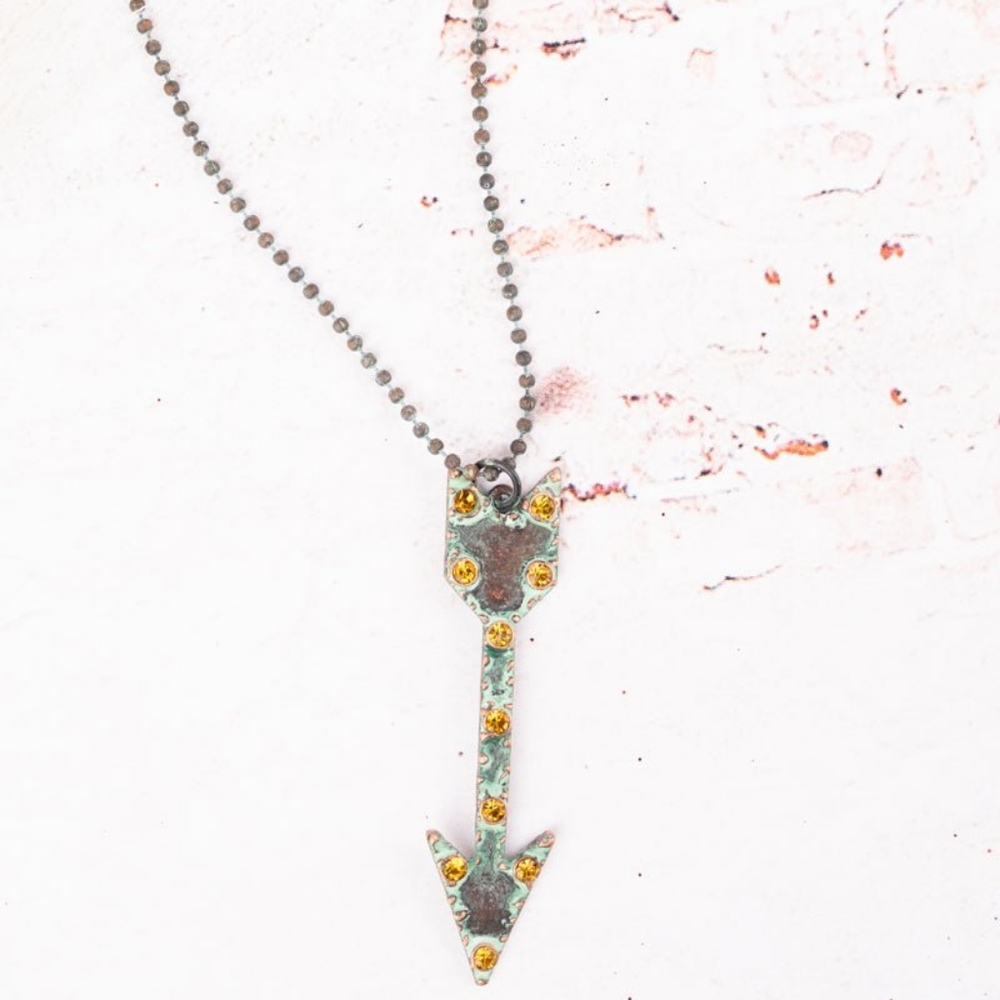 TOPAZ CRYSTAL ACCENTED PATINA COPPERTONE ARROW PENDANT NECKLACE